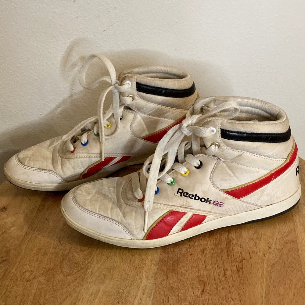 vintage retro reebok high top lace up multi colored rainbow sneakers